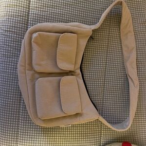 Corduroy Shoulder Bag with Dual Front Pockets - Beige